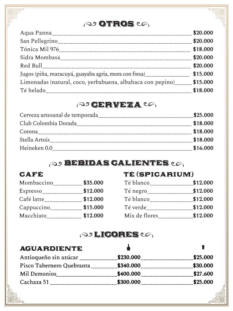 Carta bar restaurante Mombasa