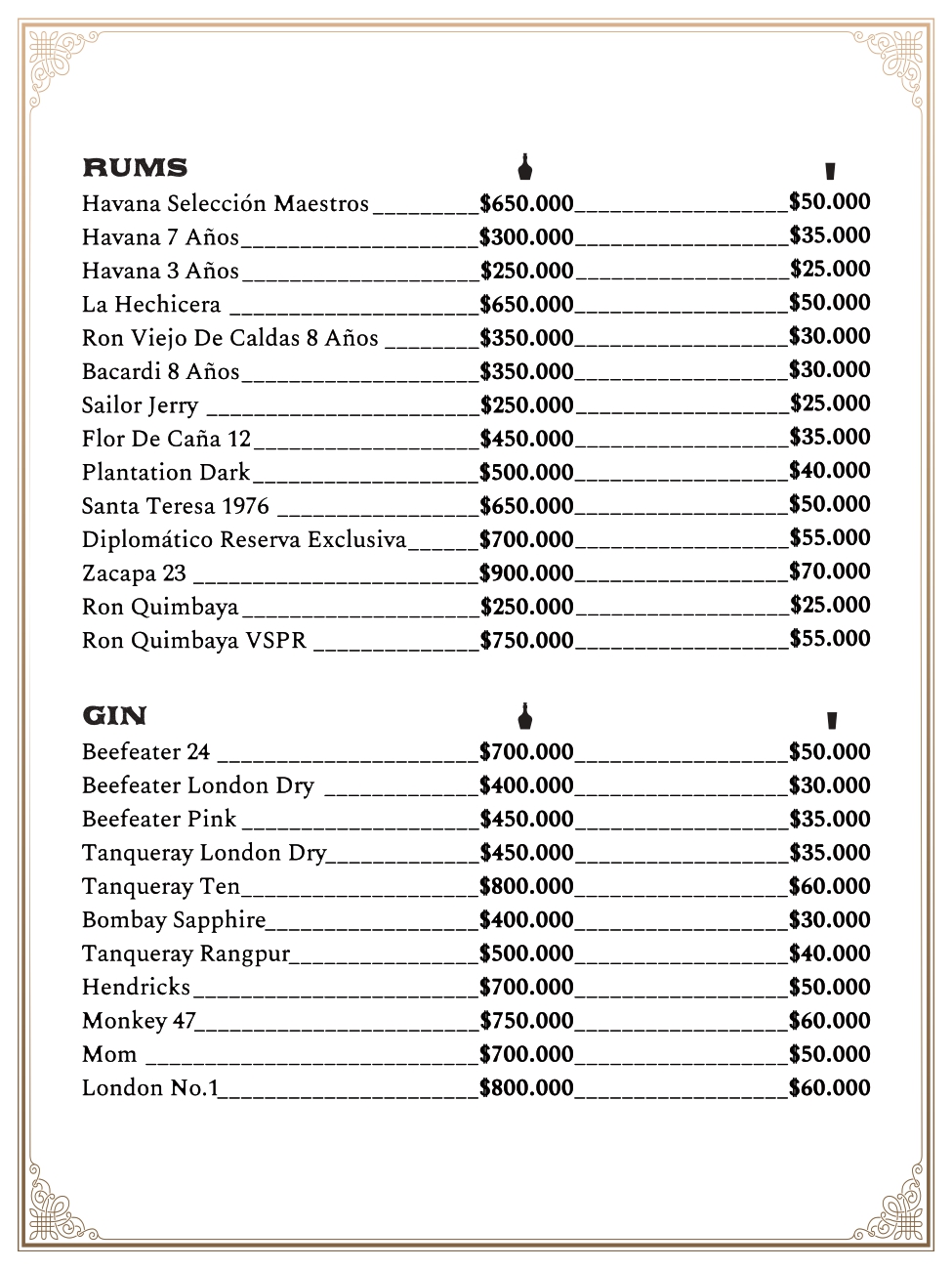 Carta bar restaurante Mombasa