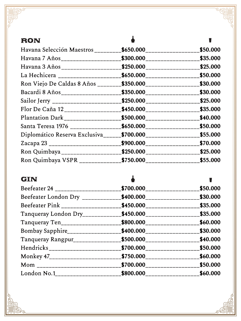 Carta bar restaurante Mombasa