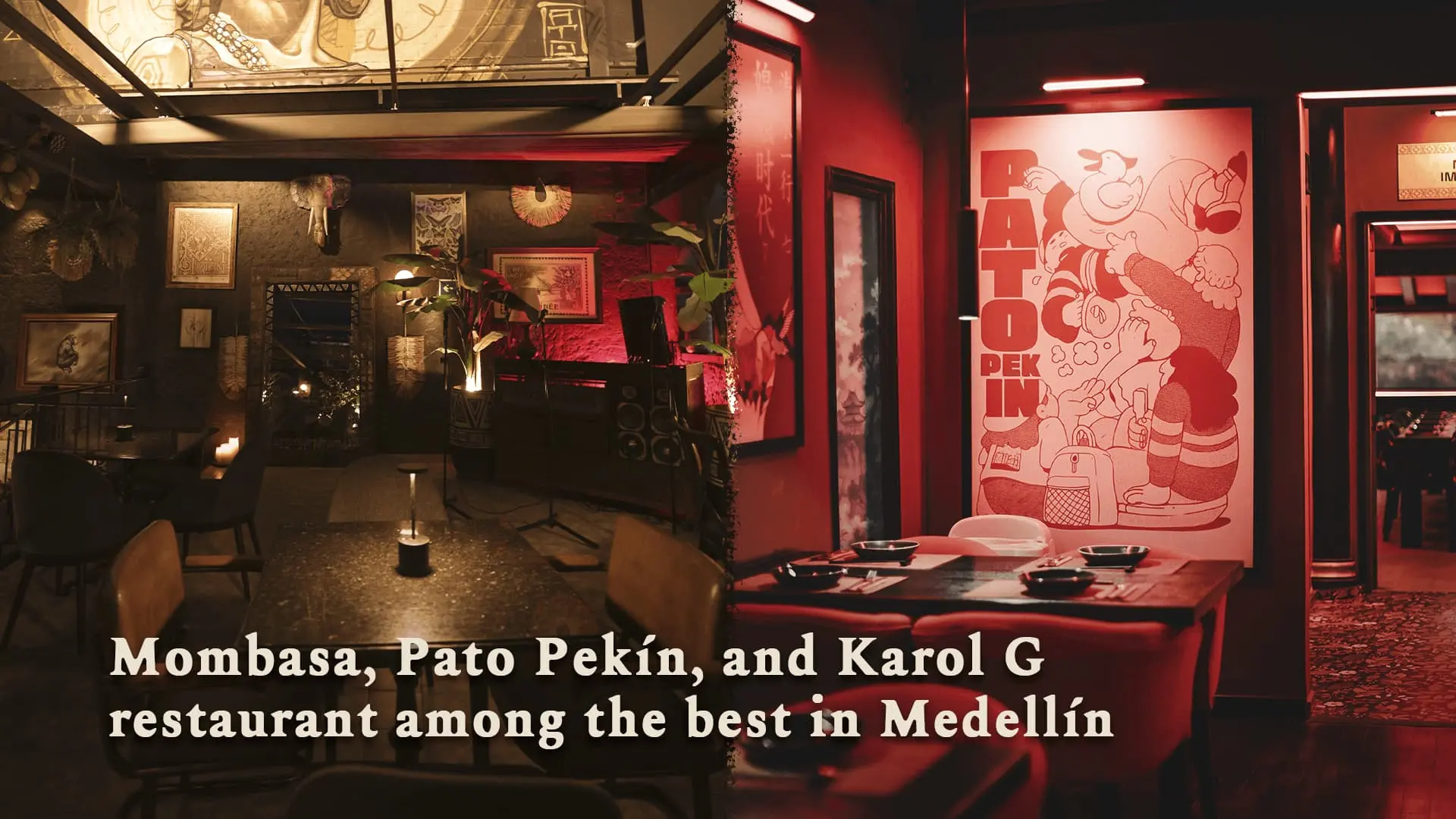 Cozy restaurant interior with warm amber lighting, seating areas, and art on the walls including a large pink mural on the right.
