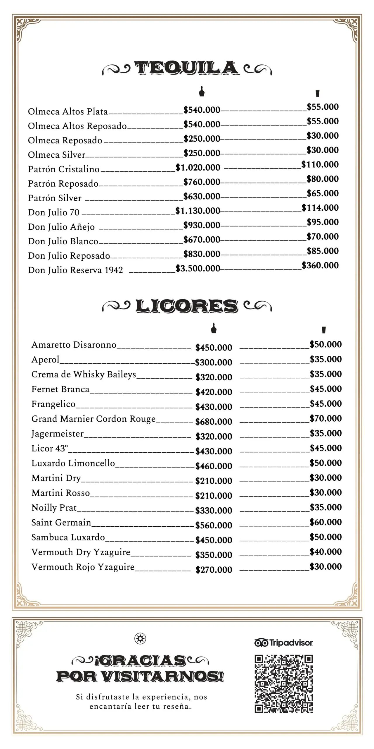 Vintage tequila and licores price list with brand names and prices in two columns, framed decorative border.