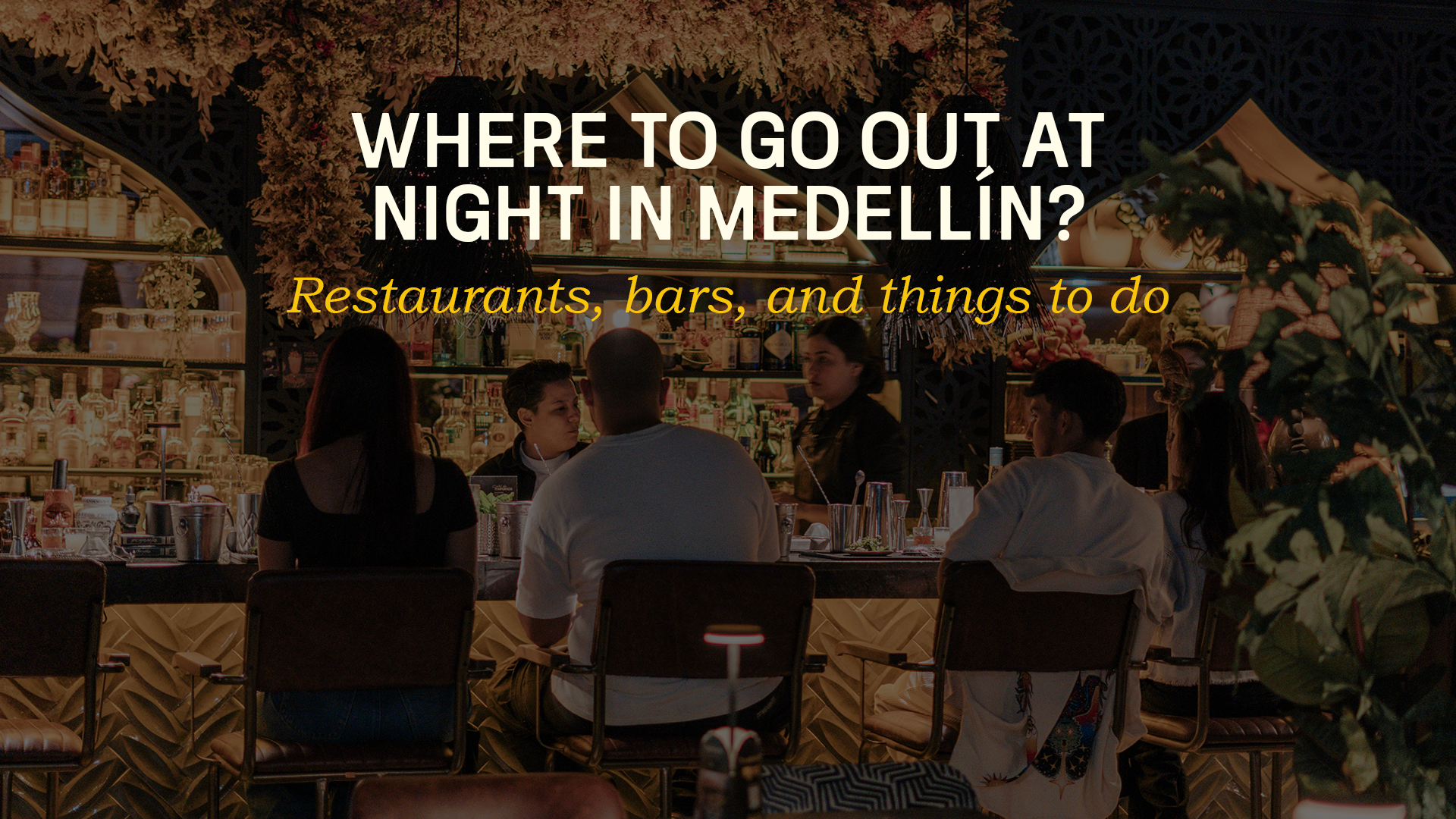 Nighttime bar in Medellín with patrons seated at a counter and shelves of bottles behind.